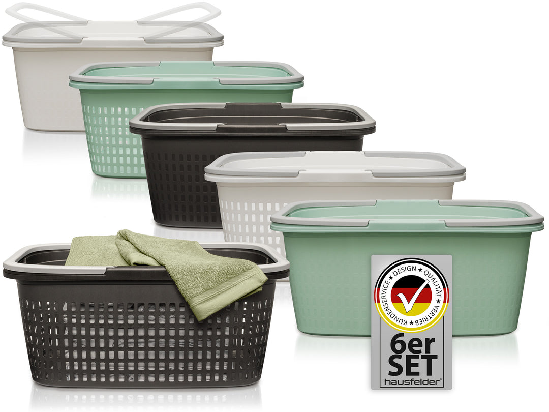 3 x Wäschekörbe + 3 x Wäschewannen Anthrazit, Grün, Weiß
