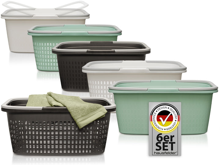 3 x Wäschekörbe + 3 x Wäschewannen Anthrazit, Grün, Weiß