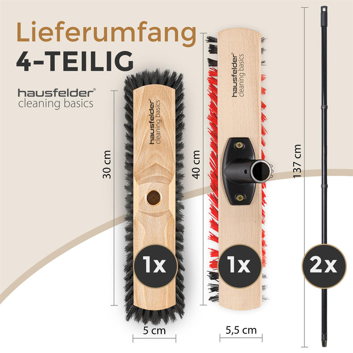 Besen Set, Zimmerbesen 30 cm breit mit Stiel für innen + Straßenbesen 40 cm