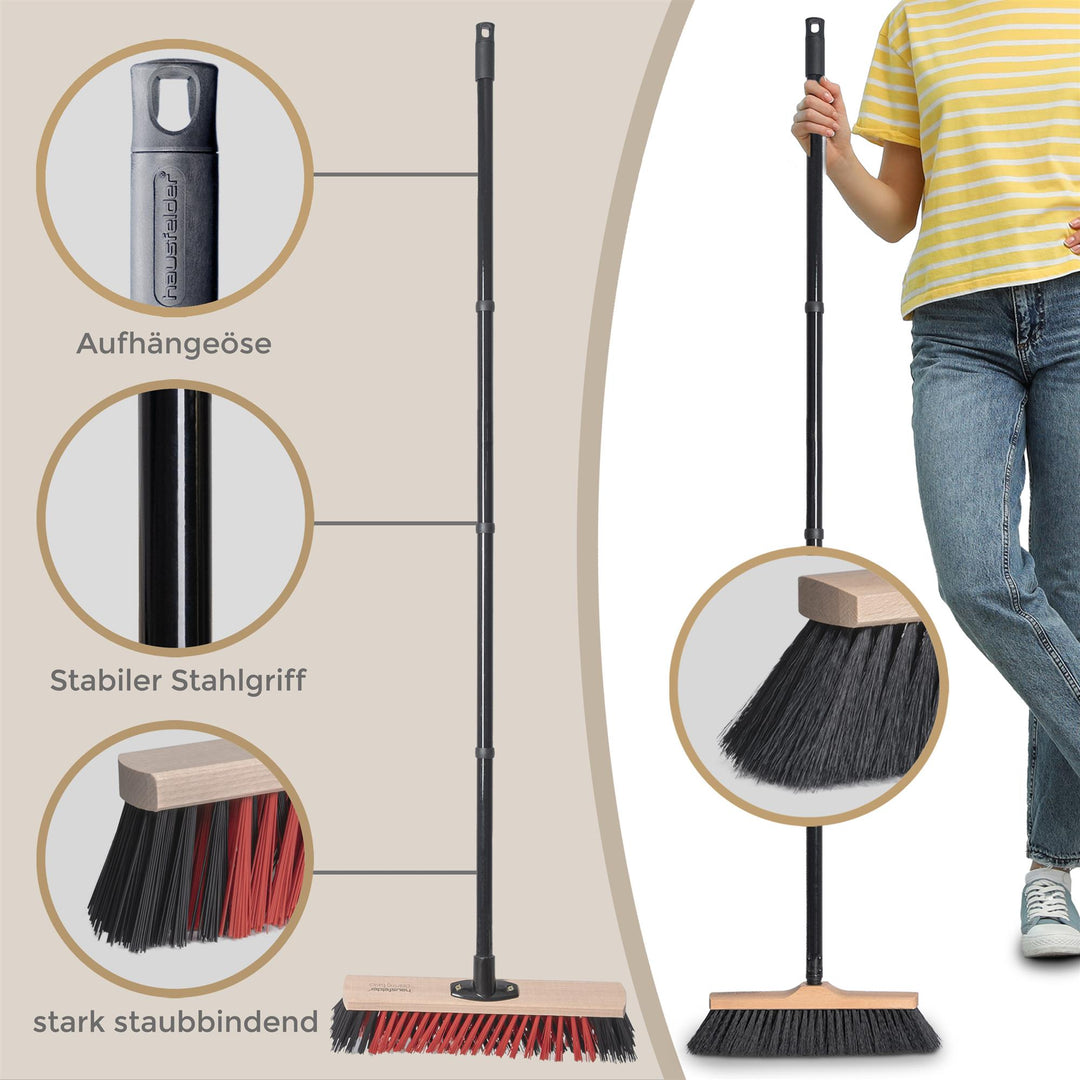 Besen Set, Zimmerbesen 30 cm breit mit Stiel für innen + Straßenbesen 40 cm