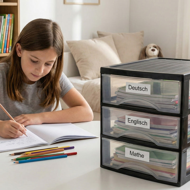 Schubladenbox A4 mit 4 Schubladen inkl. Aufkleber